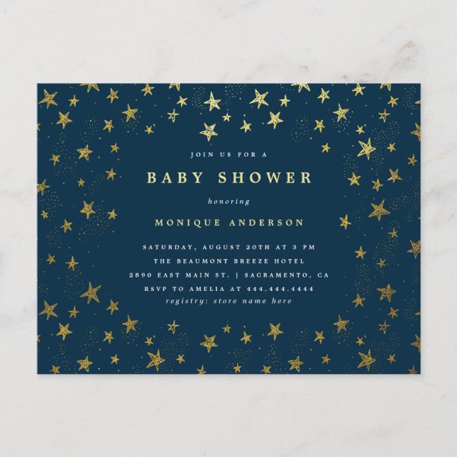 Modern Midnight Blue & Gold Stars Baby Shower Invitation Postcard (Front)