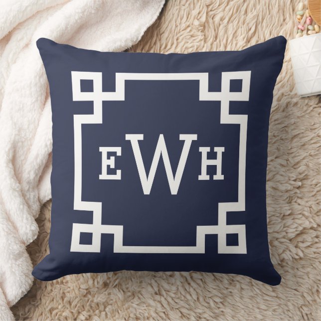 Modern Midnight Blue Greek Key Custom Monogram Cushion (Blanket)
