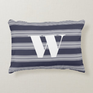 Modern Midnight Blue & Grey Stripes Initial Decorative Cushion