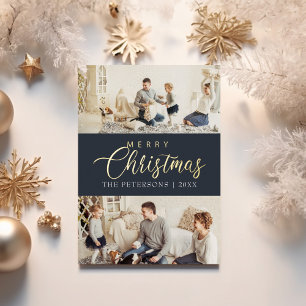 Modern Midnight Blue Photo Collage Christmas Foil Holiday Card