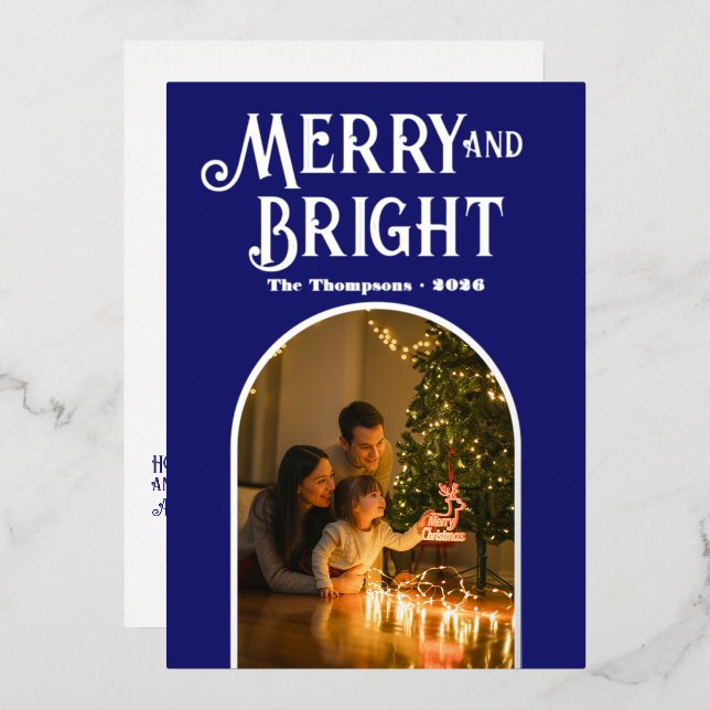 Modern Midnight Blue & Silver Christmas Photo Foil Holiday Card (Front/Back)