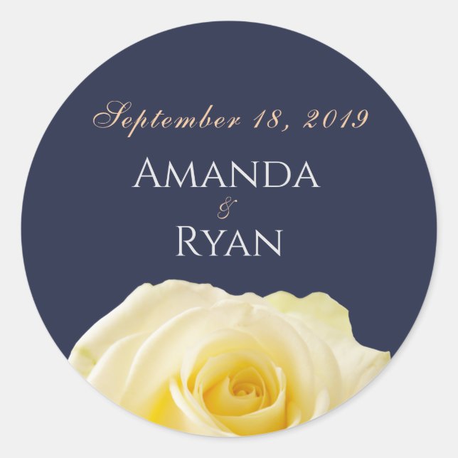 Modern Midnight Blue Yellow Rose Floral Wedding Classic Round Sticker (Front)