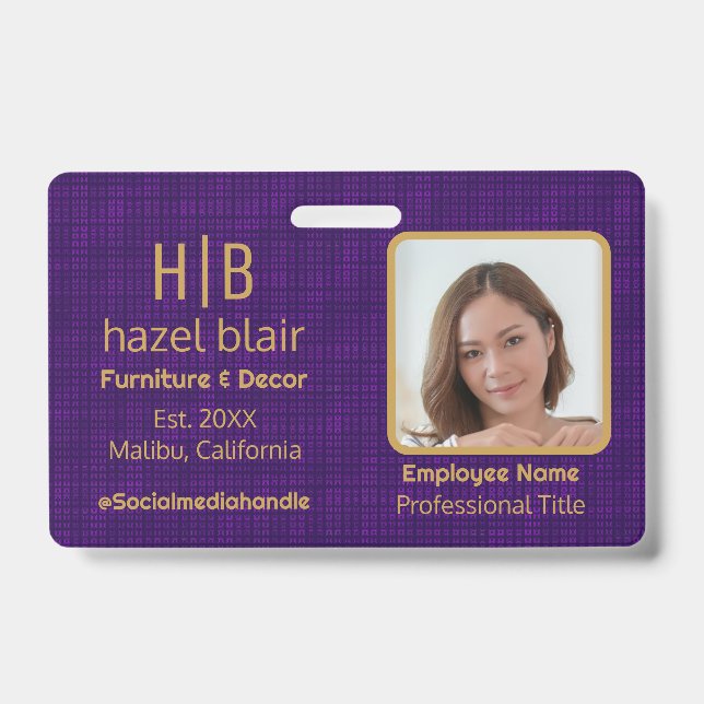 Modern Mini Squares | Custom Purple Gold Monogram  ID Badge (Front)