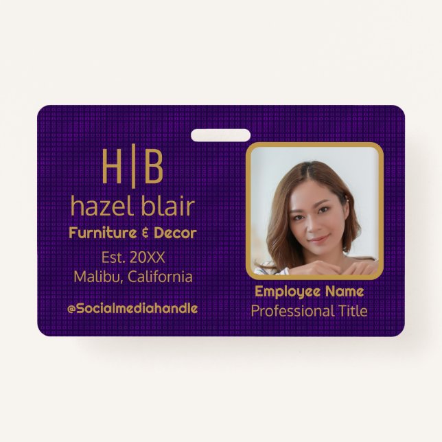 Modern Mini Squares | Custom Purple Gold Monogram  ID Badge (Front)