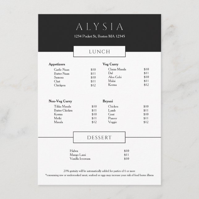 Modern Minialist Sophisticated Restaurant  Menu (Front)