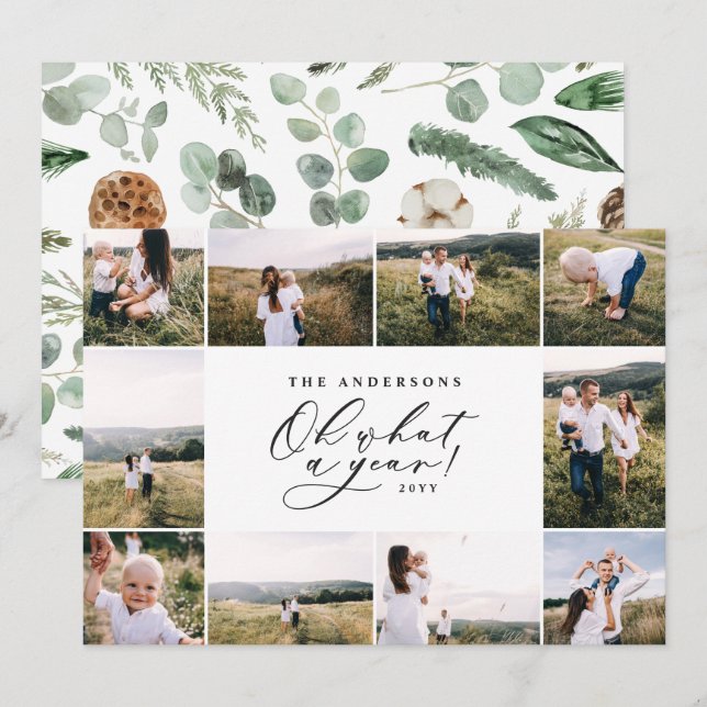 Modern minimal 10 photo new year black family holiday card (Front/Back)