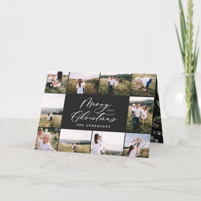 Modern minimal 11 photo new year black family holiday card (Front)