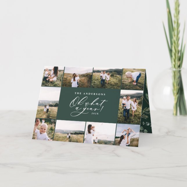 Modern minimal 11 photo new year green family holi holiday card (Front)