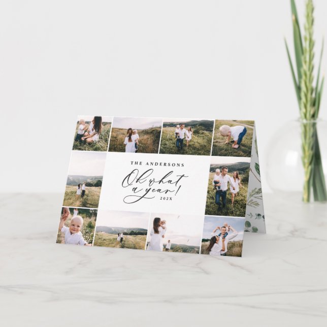 Modern minimal 11 photo new year green family holiday card (Front)