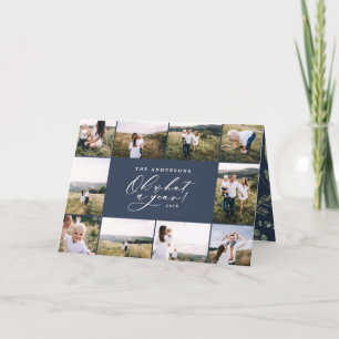 Modern minimal 11 photo new year navy blue family holiday card