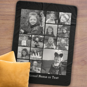 Modern Minimal 14 Photo Collage Black - White Text Sherpa Blanket