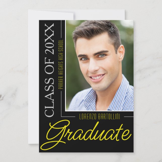 Modern Minimal 1 Photo Black Yellow Graduation Invitation (Front)