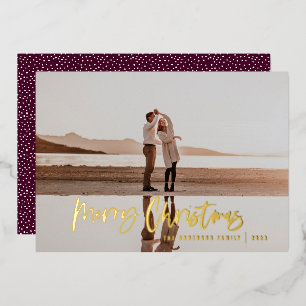Modern minimal 1 photo burgundy script Christmas Foil Holiday Card