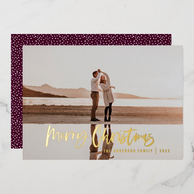 Modern minimal 1 photo burgundy script Christmas Foil Holiday Card (Front/Back)