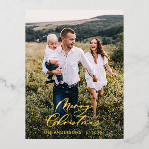 Modern minimal 1 photo Christmas elegant script  F Foil Holiday Postcard