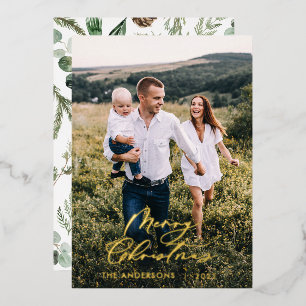 Modern minimal 1 photo Christmas elegant script Foil Holiday Card