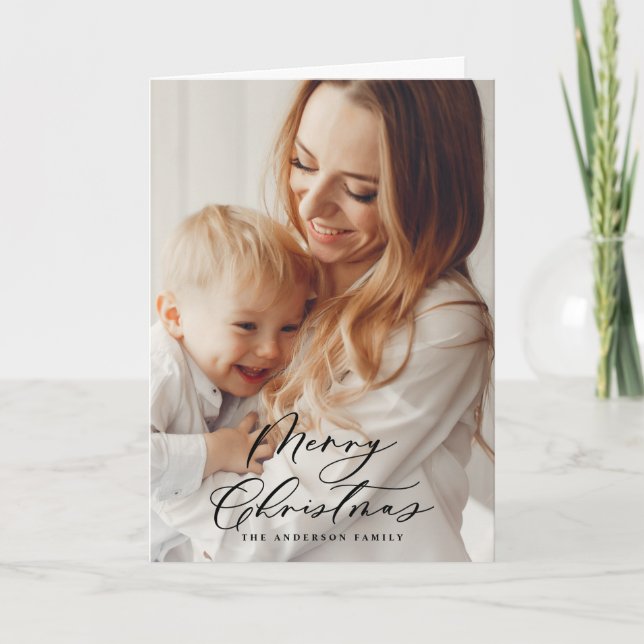 Modern minimal 1 photo Christmas elegant script Ho Holiday Card (Front)