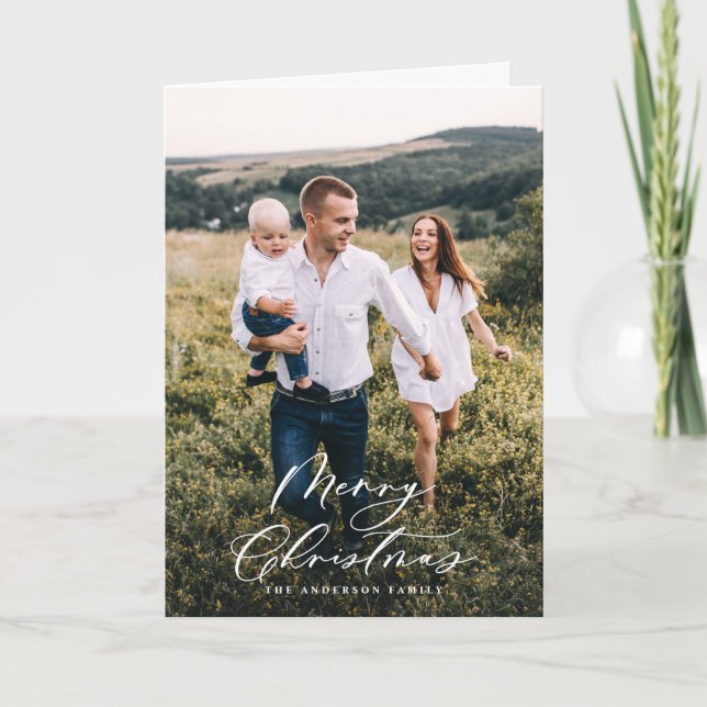 Modern minimal 1 photo Christmas elegant script Holiday Card (Front)