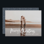 Modern minimal 1 photo navy blue script Christmas Holiday Card<br><div class="desc">Merry Christmas modern 1 photo Christmas card. Modern black,  navy blue and white holiday design. Script text with a modern edge. Hand painted polka dot spotty backer. Change the backer colour to customise.</div>