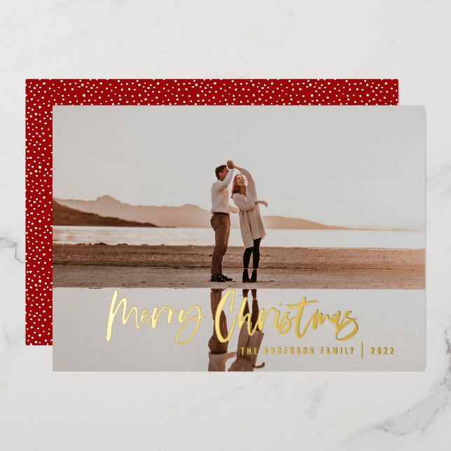Modern minimal 1 photo red script Christmas Foil Holiday Card (Front/Back)