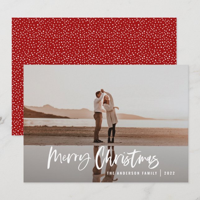Modern minimal 1 photo red script Christmas Holiday Card (Front/Back)