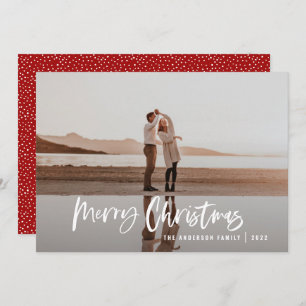 Modern minimal 1 photo red script Christmas Holiday Card