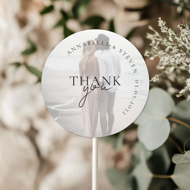 Modern, Minimal, 1 Photo, Wedding Classic Round Sticker (THANK YOU! Modern, Minimal, 1 Photo, Wedding Classic Round Sticker with your name and date)