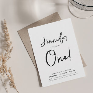 Modern Minimal 1st Birthday Script Black & White Invitation