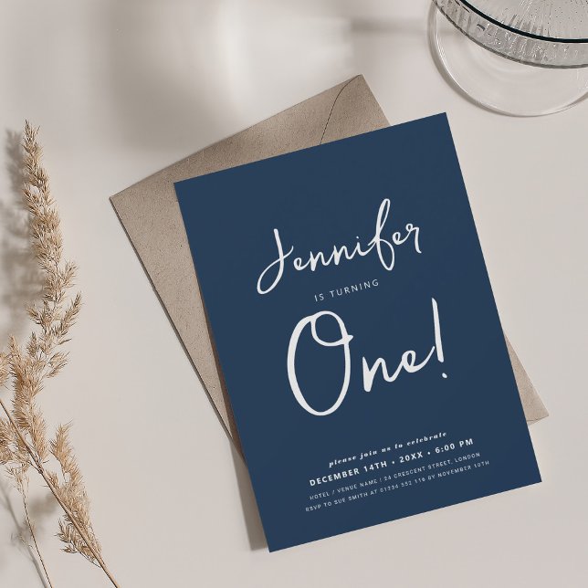 Modern Minimal 1st Birthday Script Navy Blue  Invitation (Modern Minimal 1st Birthday Script Navy Blue Invitation)