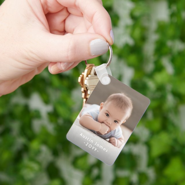 Modern Minimal 2 Photo White Text Overlay Keepsake Key Ring (Hand)