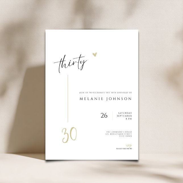 Modern Minimal 30th Birthday Party Invitation (Modern Minimal 30th birthday invitation with handwritten typography,)