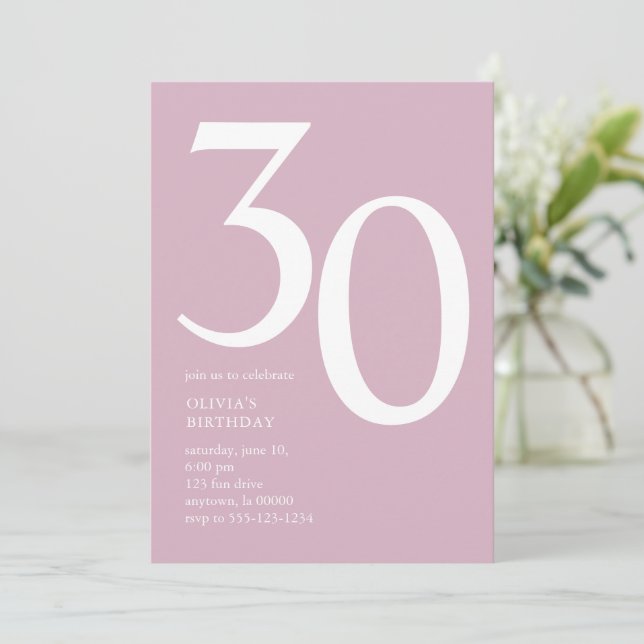 Modern Minimal 30th Birthday Party Pink Invitation (Standing Front)