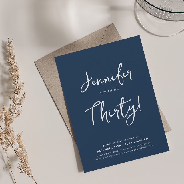Modern Minimal 30th Birthday Script Navy Blue  Invitation (Modern Minimal 30th Birthday Script Navy Blue Invitation)