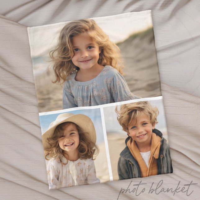 Modern Minimal 3 Photo Collage Fleece Blanket (Custom Photo Blanket)