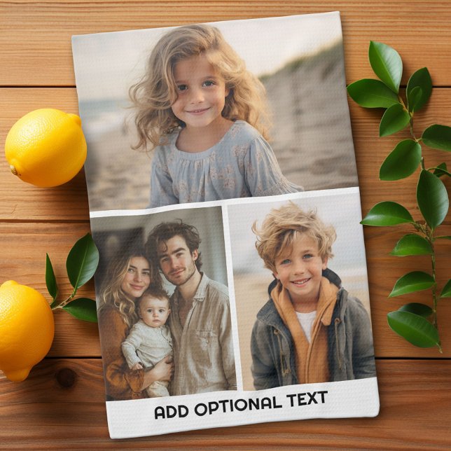 Modern Minimal 3 Photo Collage with Text Tea Towel (Custom Kitchen Towel with a Photo Collage)