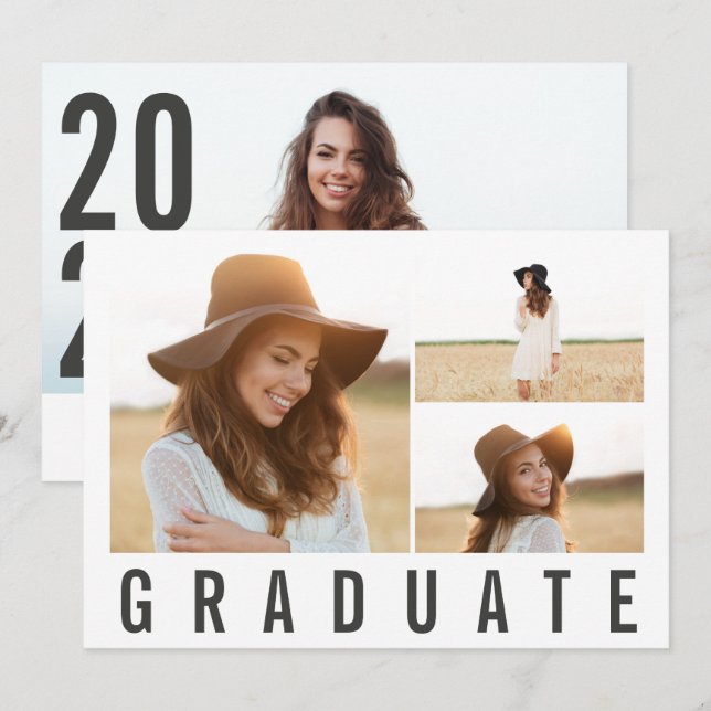 Modern minimal 3 photo graduation simple black announcement (Front/Back)