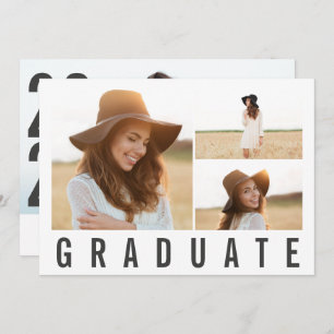 Modern minimal 3 photo graduation simple black announcement