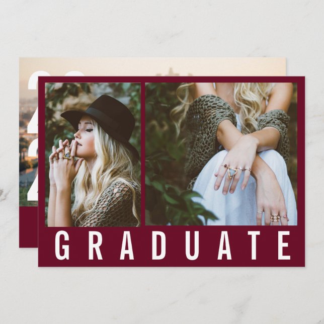 Modern minimal 3 photo graduation simple burgundy announcement (Front/Back)