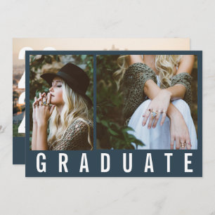Modern minimal 3 photo graduation simple navy blue announcement