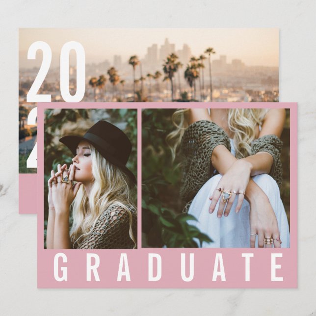 Modern minimal 3 photo graduation simple pink announcement (Front/Back)