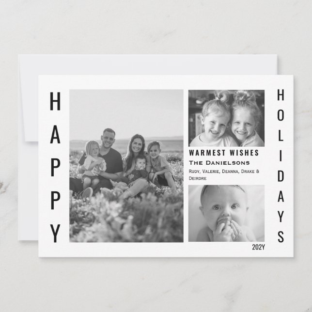 Modern Minimal 3 Photo Happy Holiday Black & White Card (Front)