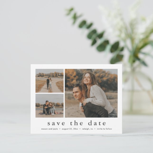 Modern Minimal 3 Photo Save the Date Announcement Postcard (Standing Front)