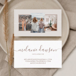 Modern Minimal 3 Photo Social Influencer Tan Business Card