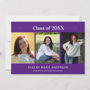 Modern Minimal 3 Photos Purple Graduation Invitation