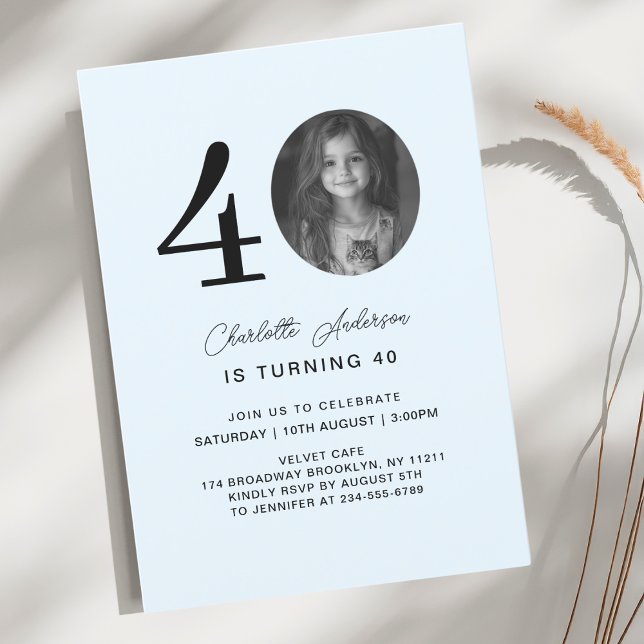 Modern, minimal 40. Birthday Photo Invitation (Modern, minimal 40. Photo, Script Font, Light-Blue, Birthday Invitation.)