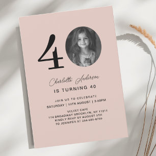 Modern, minimal 40. Blush-Brown Photo Birthday Invitation