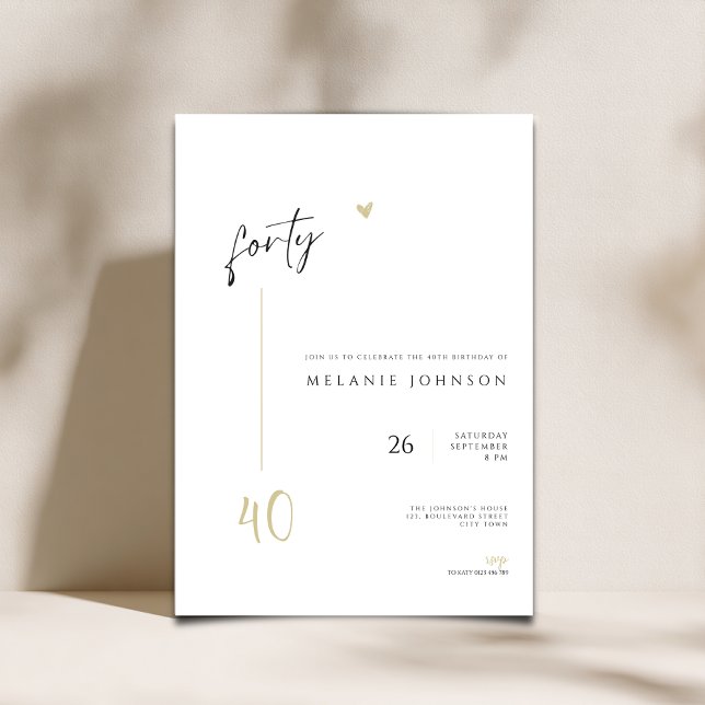 Modern Minimal 40th Birthday Party Invitation (Minimal Modern 40th Birthday invitation with handwritten typography,)