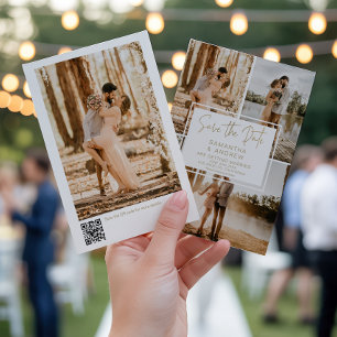 Modern Minimal 4-Photo Gold QR  Wedding Save The Date
