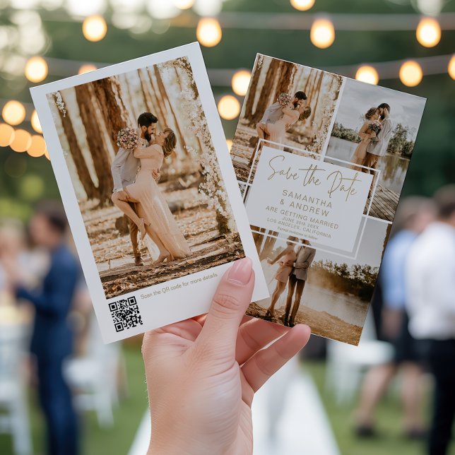 Modern Minimal 4-Photo Gold QR  Wedding Save The Date (Modern Minimal 4-Photo Gold QR Wedding Save The Date)