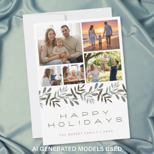Modern Minimal 5 Photo Collage Happy Holidays Holiday Card